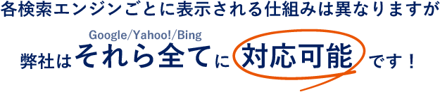 各検索エンジンごとに表示される仕組みは異なりますが弊社はそれら全てに対応可能です！